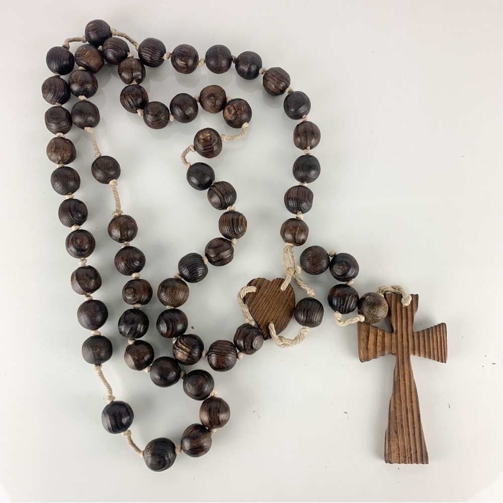 Long Vintage Swiss Dark Wooden Carved Monks Prayer Beads Cross Heart Iconography